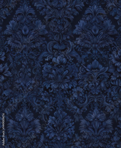 Deep midnight blue damask, lush gothic blooms, seamless repeat , dark blue floral, midnight blue, gothic design