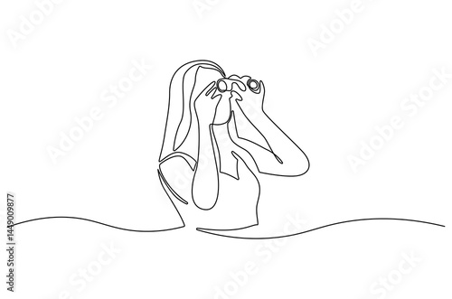 Continuous one line drawing of Young woman looking through with binocular. Single line drawing illustration of female Enjoy looking for beauty. Search concept vector art. Doodle line illustration.