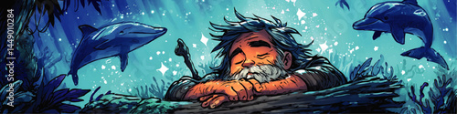 Dreamy Underwater Illustration of Elderly Man Sleeping on Driftwood with Dolphins and Magical Ocean Scene, Fantasy Art