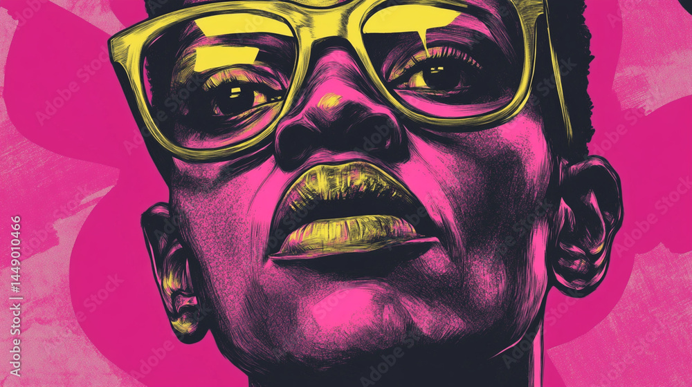 this portrait presents a close up view of a person's face rendered in a stylized, graphic manner this portrait presents a close up view of a person's face rendered in a stylized, graphic manner