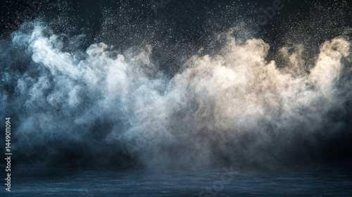 White dust particles drifting in darkness, enhanced by a soft light source
