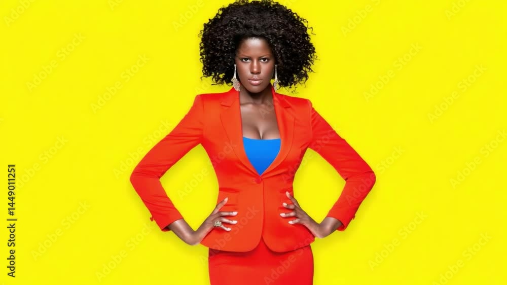 Confident Woman in Vibrant Red Suit Posing Against Bright Yellow Background Confident Woman in Vibrant Red Suit Posing Against Bright Yellow Background