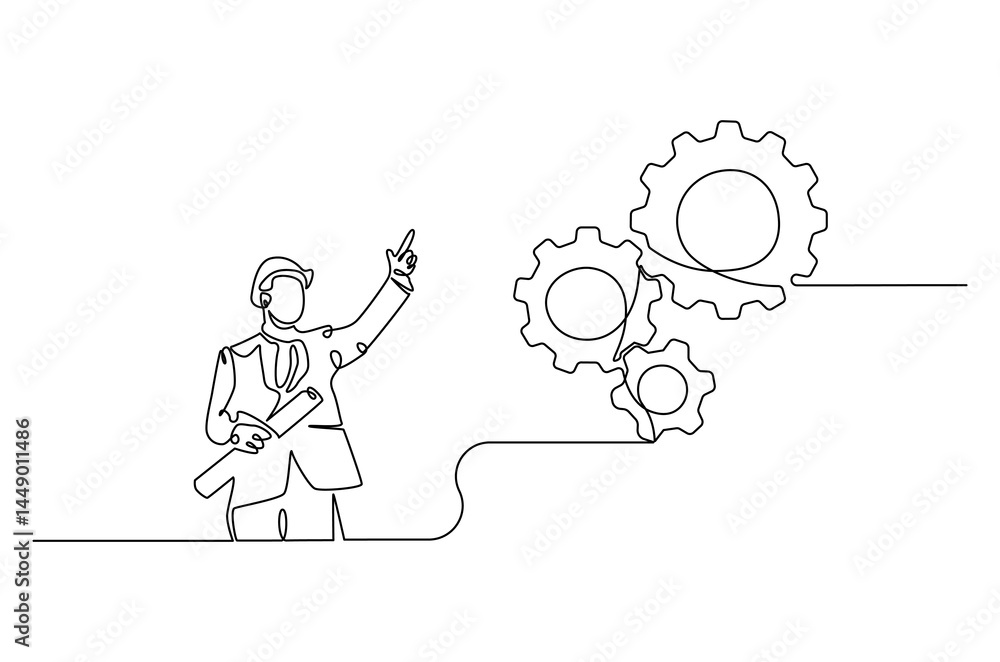 Continuous one line drawing of young engineers looking at gear mechanism. Single line drawing illustration of man looking gear. Business plan concept vector art. Doodle line illustration. Continuous one line drawing of young engineers looking at gear mechanism. Single line drawing illustration of man looking gear. Business plan concept vector art. Doodle line illustration.