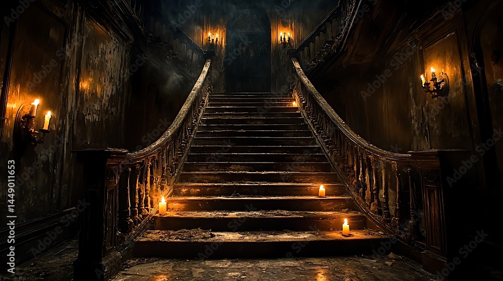 Dark, abandoned mansion staircase with candles. Dark, abandoned mansion staircase with candles.