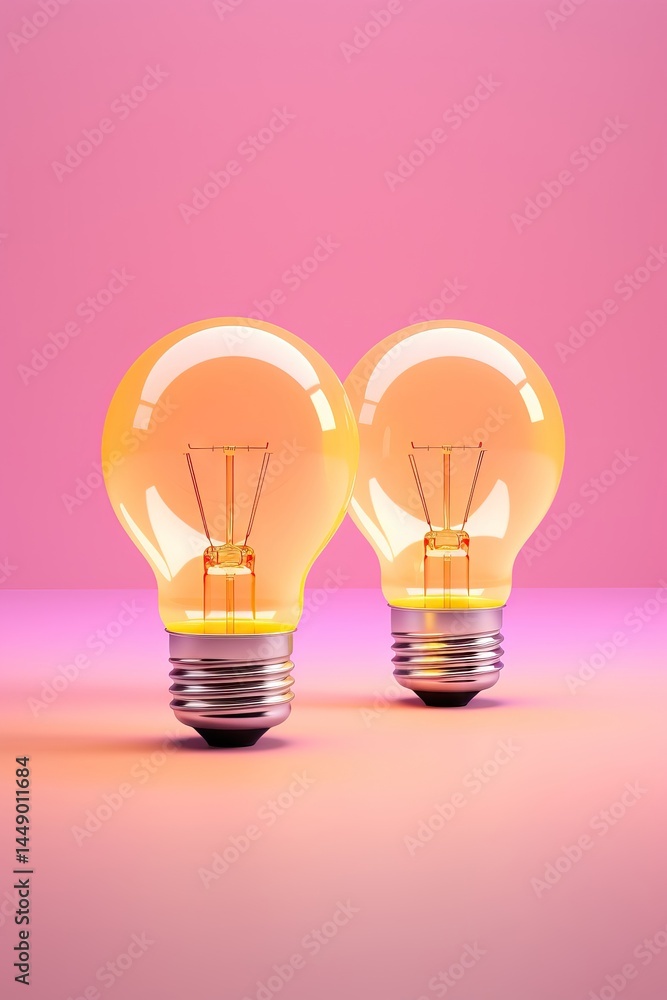Two illuminated light bulbs on pink background. Innovative ideas concept. Science education day. Creative thinking and problem solving in technology. Two illuminated light bulbs on pink background. Innovative ideas concept. Science education day. Creative thinking and problem solving in technology.