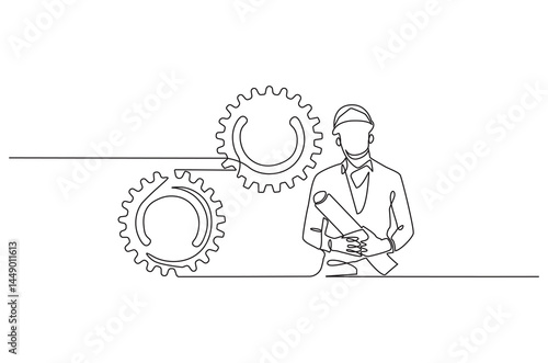 Wallpaper Mural Continuous one line drawing of young engineers looking at gear mechanism. Single line drawing illustration of man looking gear. Business plan concept vector art. Doodle line illustration. Torontodigital.ca