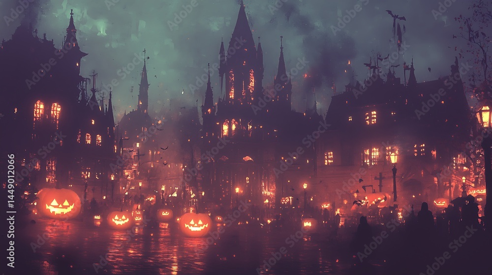 Obraz premium Spooky Halloween night in a gothic town with carved pumpkins floating on water.