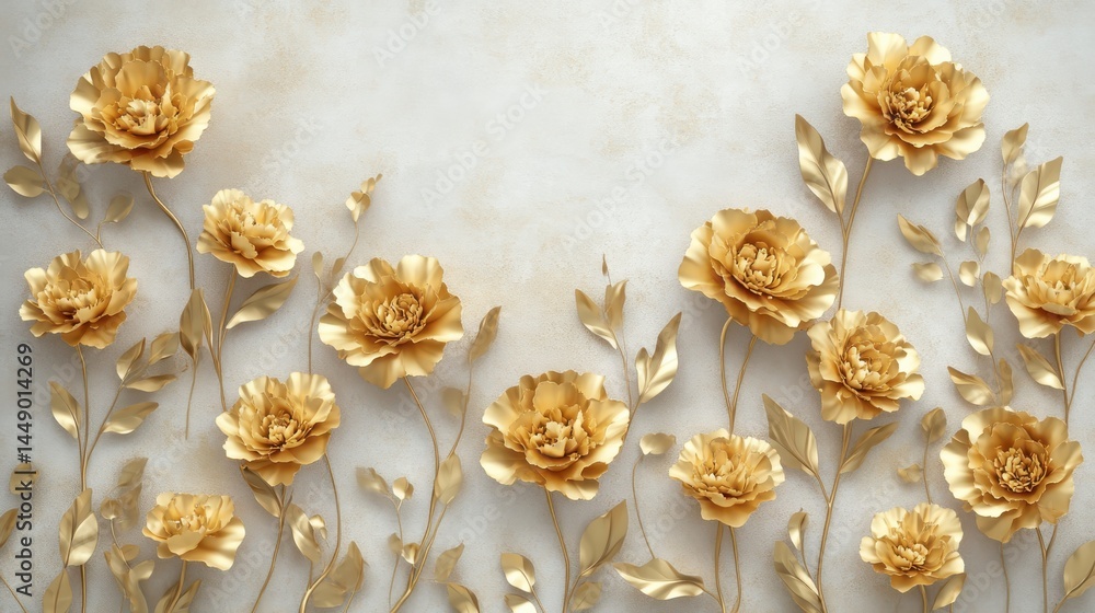Golden Carnations with Stucco Stems and Leaves An elegant 3D floral background. Elegant 3D Floral Background Featuring Golden Carnations with Stucco Stems and Leaves.