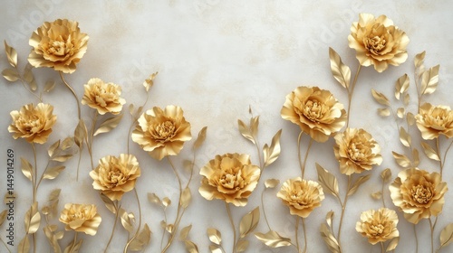 Obraz na płótnie Golden Carnations with Stucco Stems and Leaves An elegant 3D floral background. Elegant 3D Floral Background Featuring Golden Carnations with Stucco Stems and Leaves. w salonie