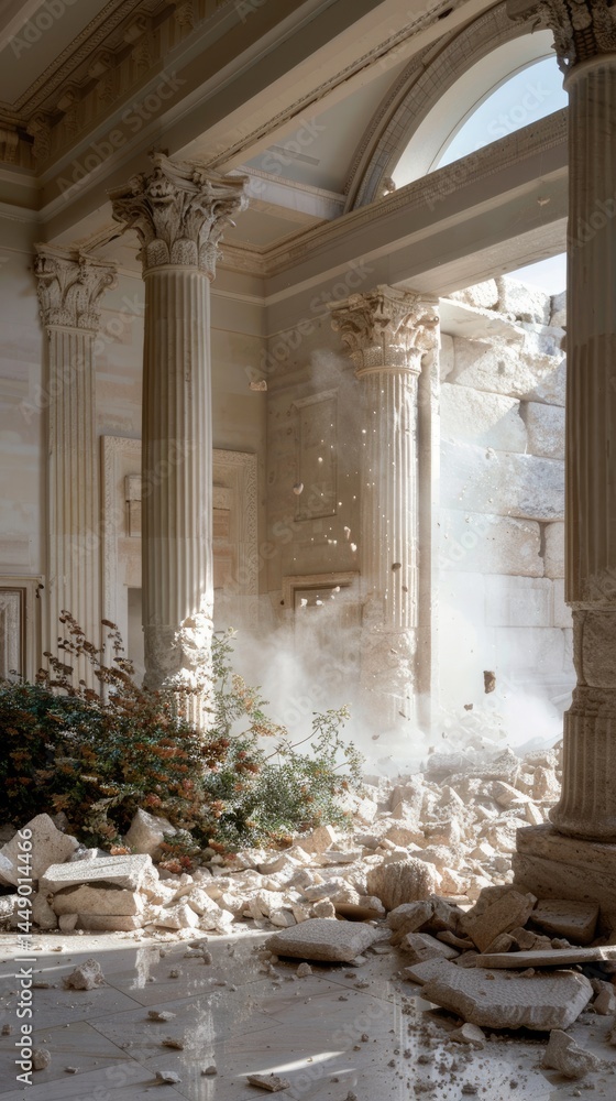 Naklejka premium Sacred ruin: Tisha B'Av commemoration, temple devastation, historical tragedy, solemn grief, religious memory, cultural loss, ancient sorrow, spiritual mourning, holy destruction.