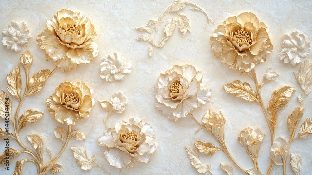 Golden Carnations with Stucco Stems and Leaves An elegant 3D floral background. Elegant 3D Floral Background Featuring Golden Carnations with Stucco Stems and Leaves.