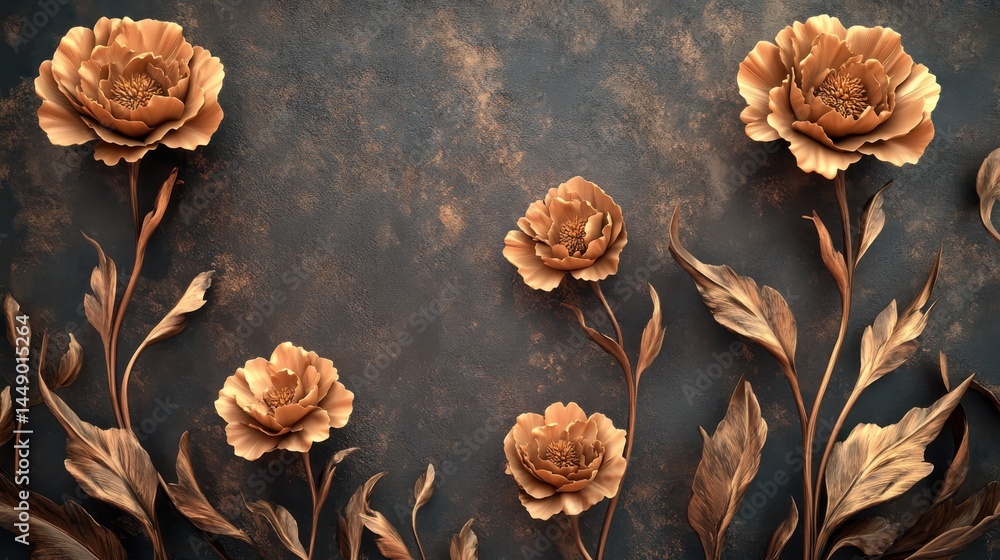 Golden Carnations with Stucco Stems and Leaves An elegant 3D floral background. Elegant 3D Floral Background Featuring Golden Carnations with Stucco Stems and Leaves.