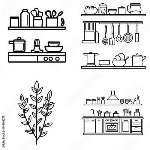 Outline Kitchen Scenes with Utensils, Shelves, Appliances and Decorative Plant