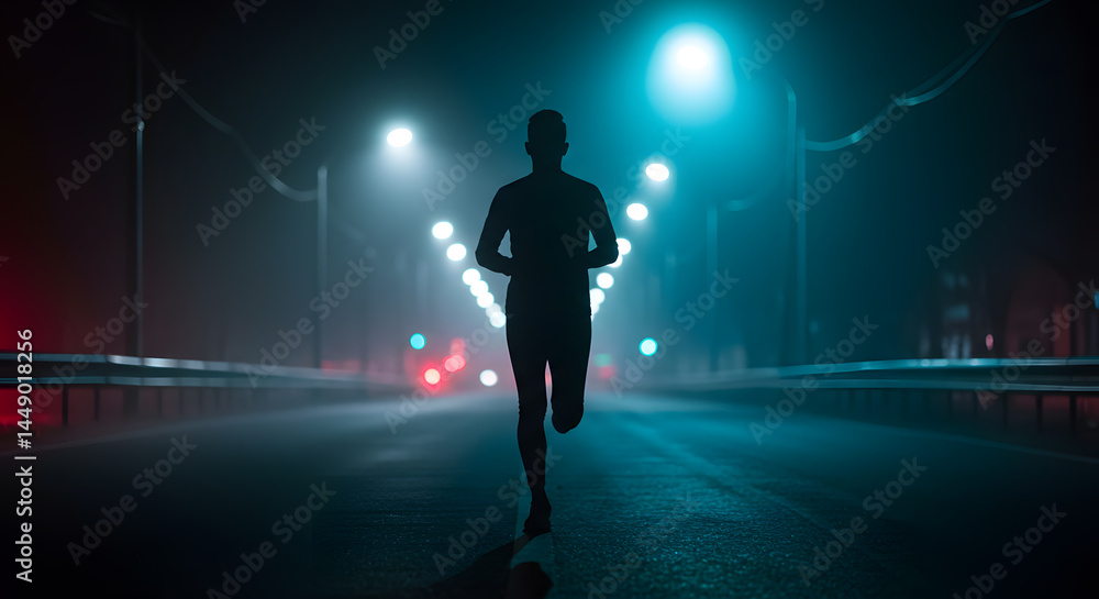 Fototapeta premium Night Runner: Silhouetted Figure in Neon-Lit Fog