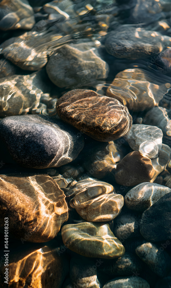 Sunlight dances on the riverbed illuminating the tranquil rocks beneath the clear, gently flowing water Sunlight dances on the riverbed illuminating the tranquil rocks beneath the clear, gently flowing water