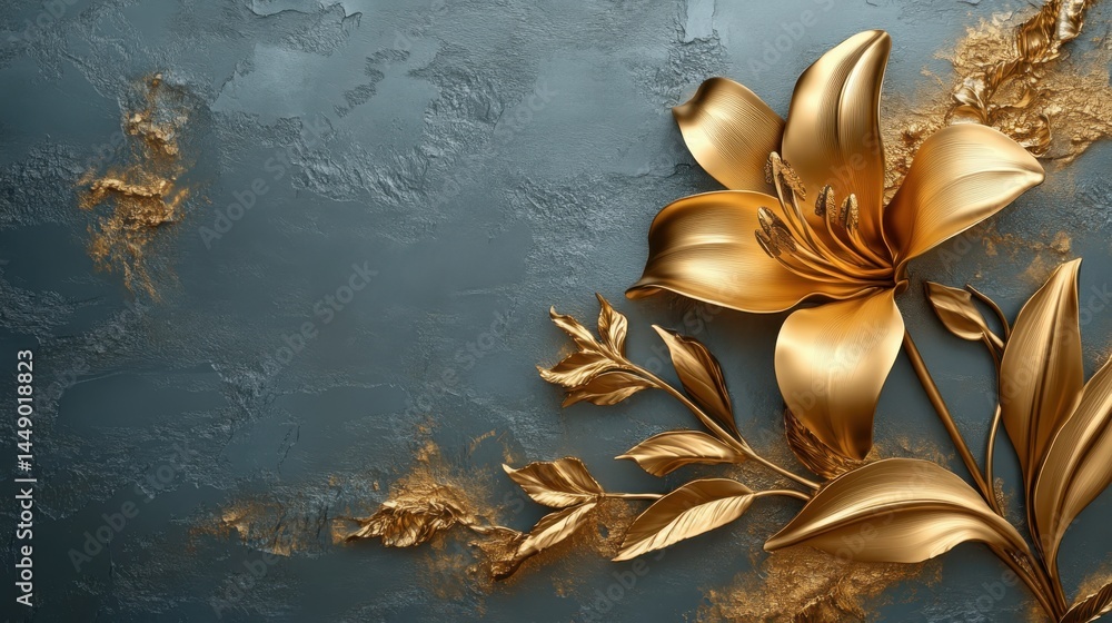 Golden Lily with Stucco Stems and Leaves An elegant 3D floral background. Elegant 3D Floral Background Featuring Golden Lily with Stucco Stems and Leaves.