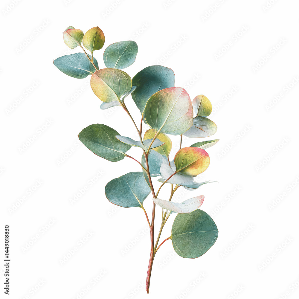 Fototapeta premium Vibrant Eucalyptus Branch with Delicate Green and Yellow Leaves Isolated on Grey Transparent background