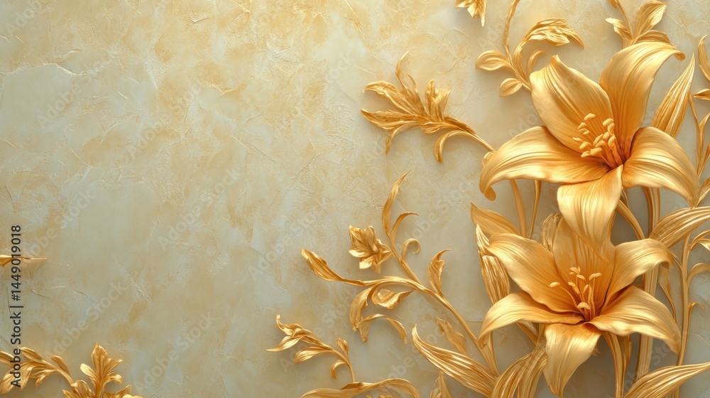 Golden Lily with Stucco Stems and Leaves An elegant 3D floral background. Elegant 3D Floral Background Featuring Golden Lily with Stucco Stems and Leaves.