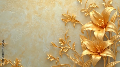 Obraz na płótnie Golden Lily with Stucco Stems and Leaves An elegant 3D floral background. Elegant 3D Floral Background Featuring Golden Lily with Stucco Stems and Leaves. w salonie