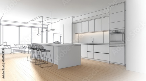 Modern kitchen interior design wireframe rendering with minimalist style