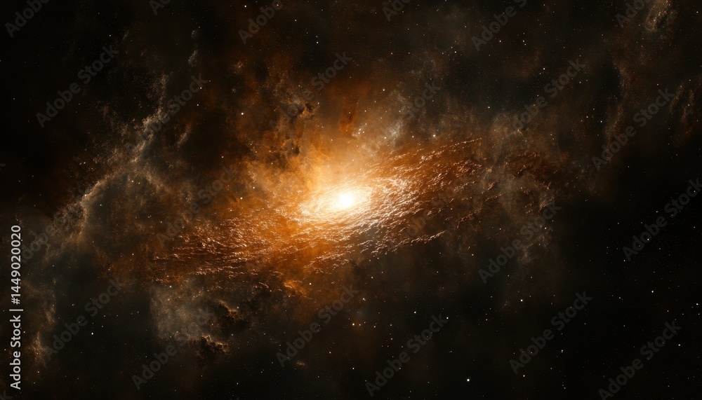 Fototapeta premium Spiral galaxy bathed in cosmic light. Vast nebulae swirl around a brilliant core