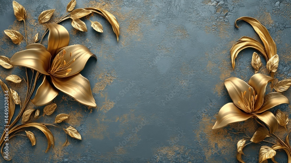Golden Lily with Stucco Stems and Leaves An elegant 3D floral background. Elegant 3D Floral Background Featuring Golden Lily with Stucco Stems and Leaves.