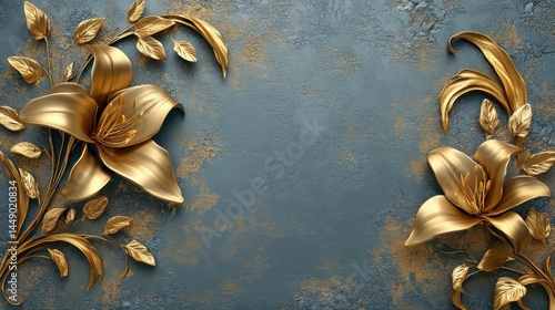 Golden Lily with Stucco Stems and Leaves An elegant 3D floral background. Elegant 3D Floral Background Featuring Golden Lily with Stucco Stems and Leaves.