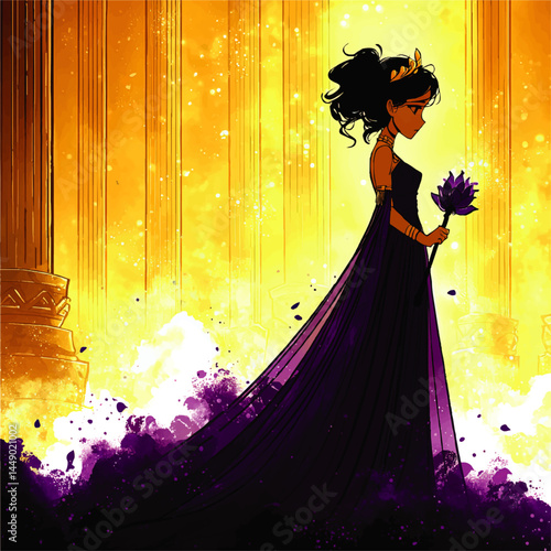 Enchanting Dark Princess in Royal Purple Gown Holding Lotus Flower, Golden Temple Fantasy Illustration with Dramatic Lighting
