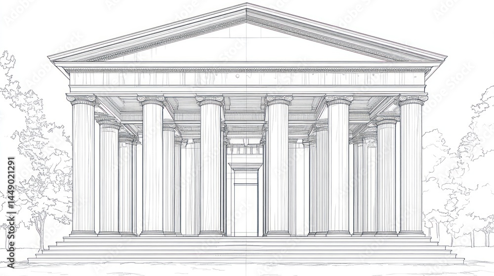 Obraz premium Architectural drawing of a classical building, front view, with steps and columns. Use for architecture books, education, or historical references