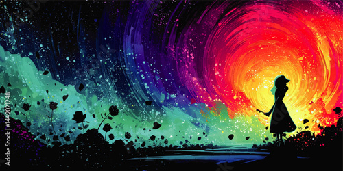 Vibrant Silhouette of Woman in Abstract Colorful Landscape, Whimsical Night Sky with Swirling Galaxy and Flowers Illustration