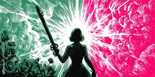 Dramatic Silhouette of Woman with Sword Between Green and Pink Abstract Energies – Heroic Fantasy Digital Art Illustration