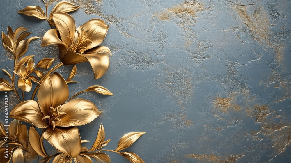 Golden Lily with Stucco Stems and Leaves An elegant 3D floral background. Elegant 3D Floral Background Featuring Golden Lily with Stucco Stems and Leaves.