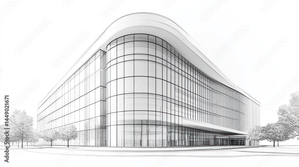 Architectural drawing of modern building exterior with trees Architectural drawing of modern building exterior with trees