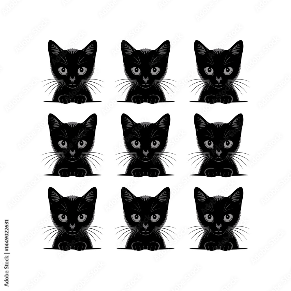 A collection of playful black cat faces peeking out from corners, as if spying or curiously watching you. Stylized, expressive designs perfect for tattoos or minimalistic art A collection of playful black cat faces peeking out from corners, as if spying or curiously watching you. Stylized, expressive designs perfect for tattoos or minimalistic art