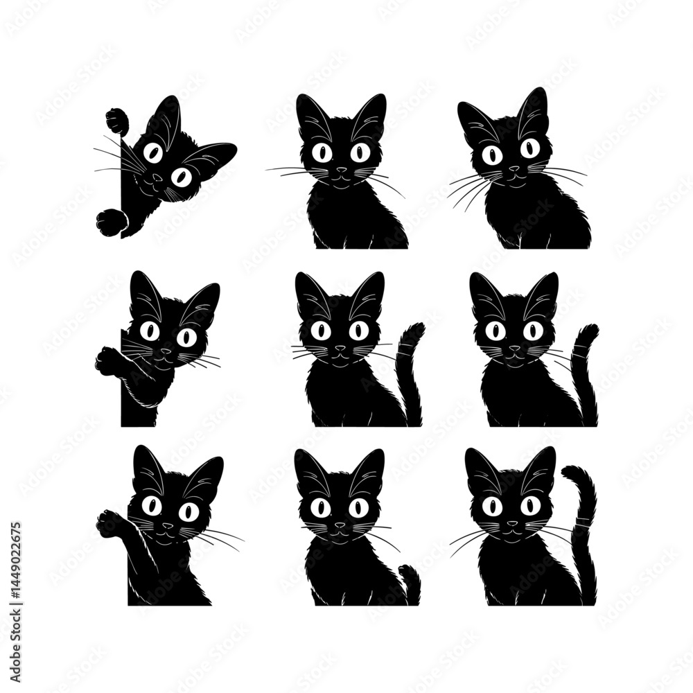 A collection of playful black cat faces peeking out from corners, as if spying or curiously watching you. Stylized, expressive designs perfect for tattoos or minimalistic art A collection of playful black cat faces peeking out from corners, as if spying or curiously watching you. Stylized, expressive designs perfect for tattoos or minimalistic art