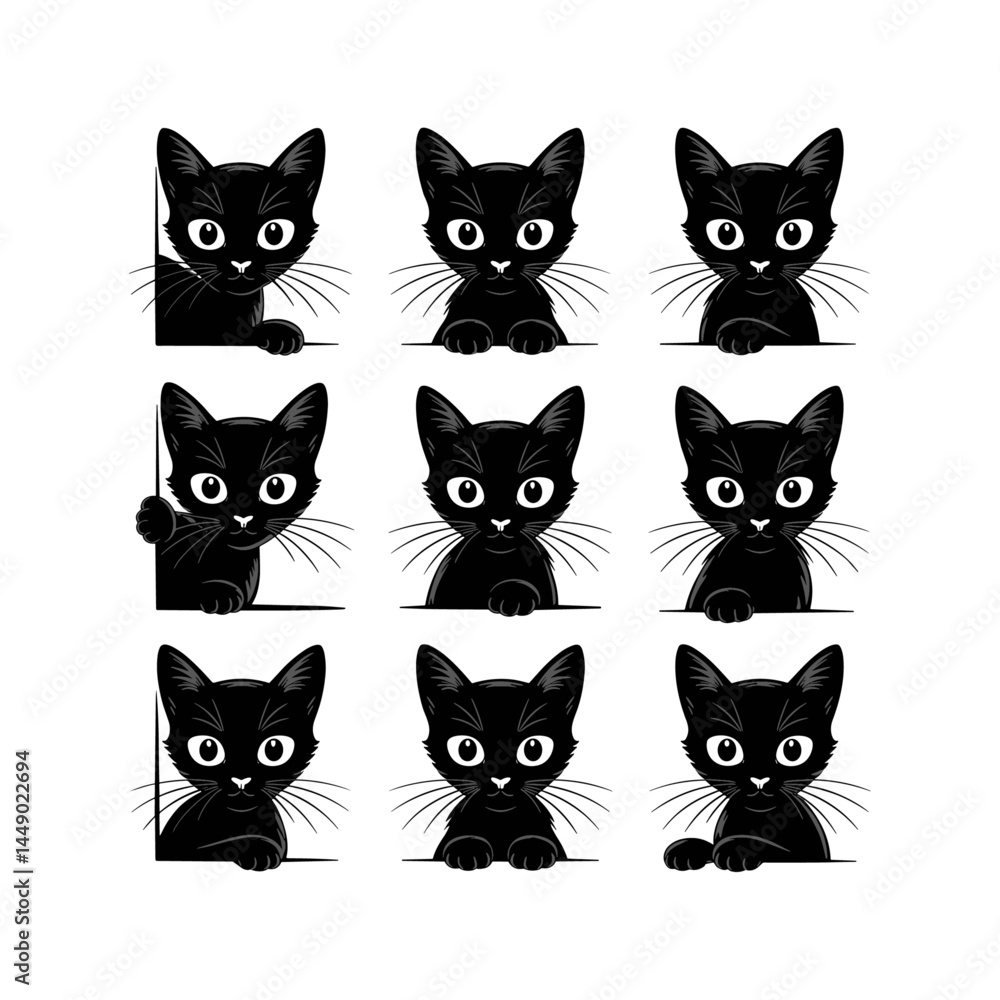 A collection of playful black cat faces peeking out from corners, as if spying or curiously watching you. Stylized, expressive designs perfect for tattoos or minimalistic art A collection of playful black cat faces peeking out from corners, as if spying or curiously watching you. Stylized, expressive designs perfect for tattoos or minimalistic art