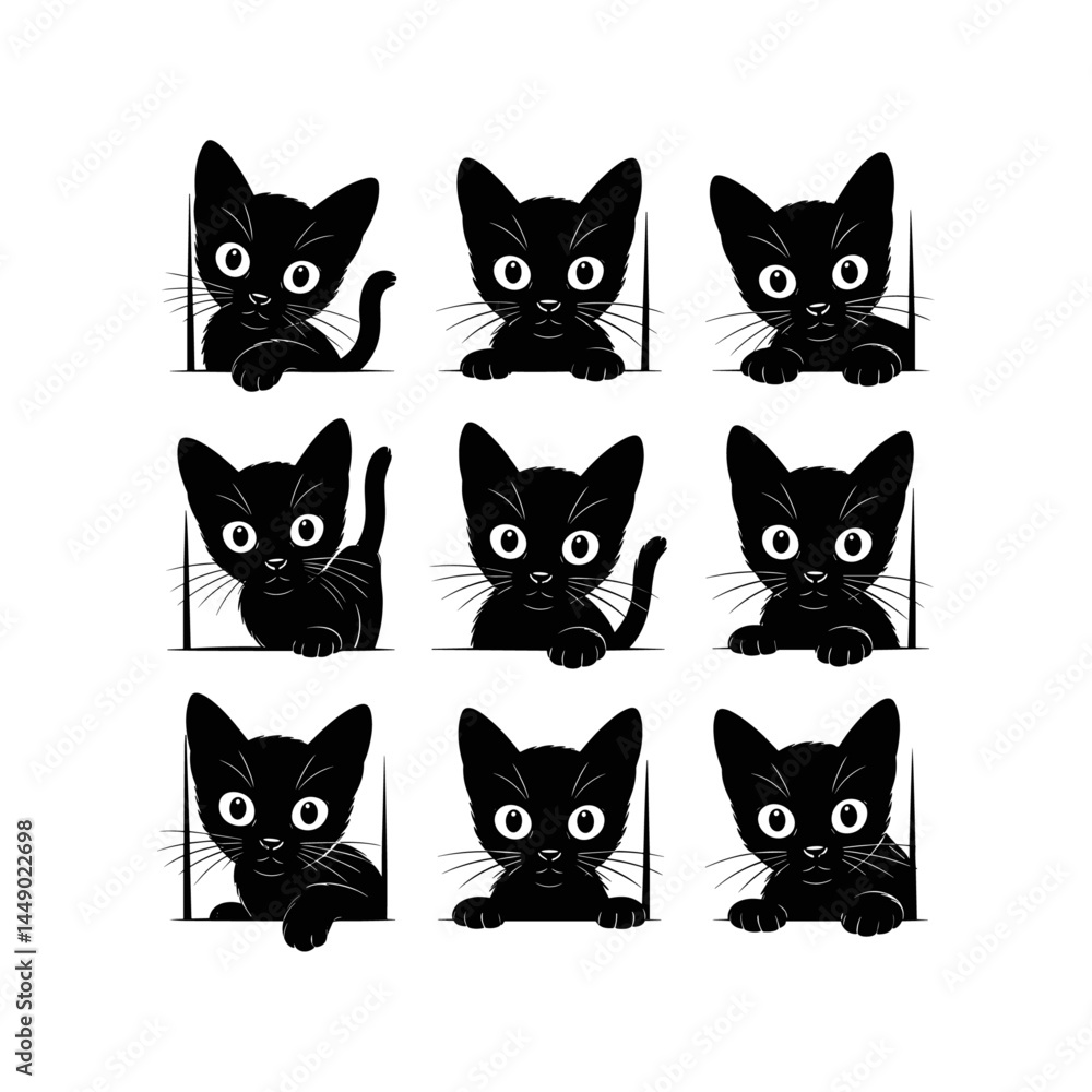 A collection of playful black cat faces peeking out from corners, as if spying or curiously watching you. Stylized, expressive designs perfect for tattoos or minimalistic art A collection of playful black cat faces peeking out from corners, as if spying or curiously watching you. Stylized, expressive designs perfect for tattoos or minimalistic art