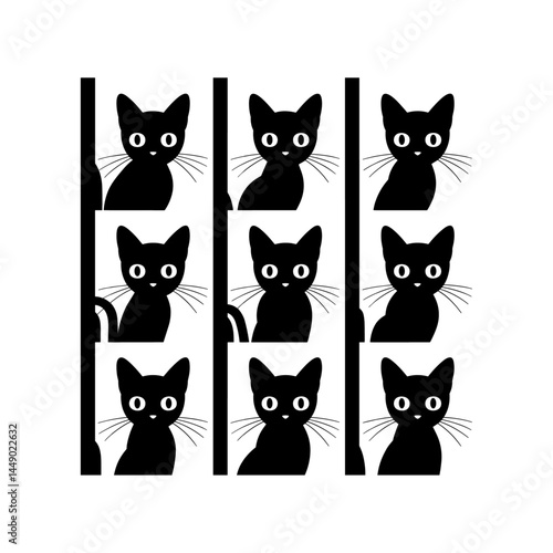 A collection of playful black cat faces peeking out from corners, as if spying or curiously watching you. Stylized, expressive designs perfect for tattoos or minimalistic art