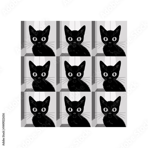 A collection of playful black cat faces peeking out from corners, as if spying or curiously watching you. Stylized, expressive designs perfect for tattoos or minimalistic art