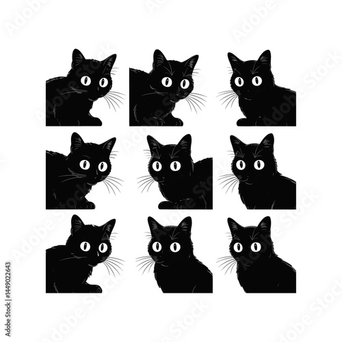 A collection of playful black cat faces peeking out from corners, as if spying or curiously watching you. Stylized, expressive designs perfect for tattoos or minimalistic art