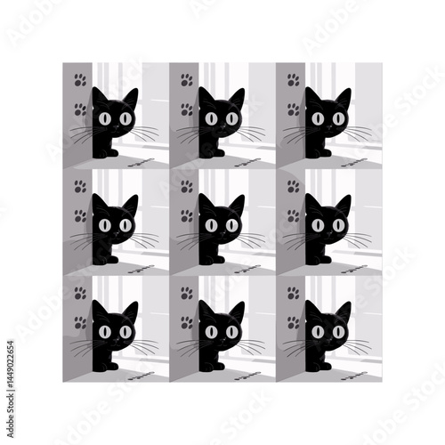 A collection of playful black cat faces peeking out from corners, as if spying or curiously watching you. Stylized, expressive designs perfect for tattoos or minimalistic art
