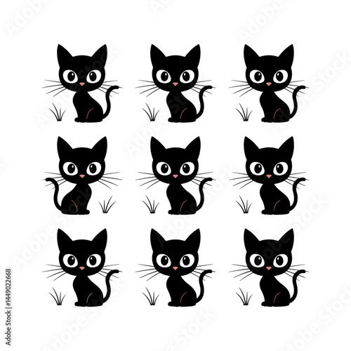 A collection of playful black cat faces peeking out from corners, as if spying or curiously watching you. Stylized, expressive designs perfect for tattoos or minimalistic art