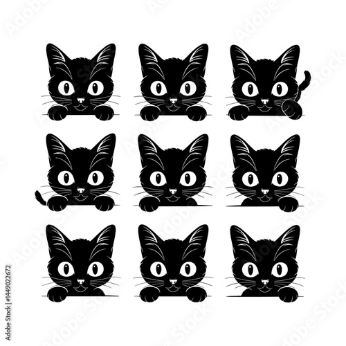 A collection of playful black cat faces peeking out from corners, as if spying or curiously watching you. Stylized, expressive designs perfect for tattoos or minimalistic art
