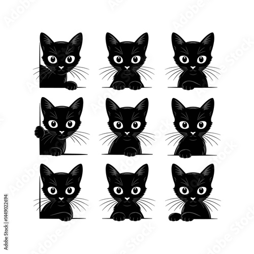 A collection of playful black cat faces peeking out from corners, as if spying or curiously watching you. Stylized, expressive designs perfect for tattoos or minimalistic art