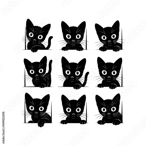 A collection of playful black cat faces peeking out from corners, as if spying or curiously watching you. Stylized, expressive designs perfect for tattoos or minimalistic art