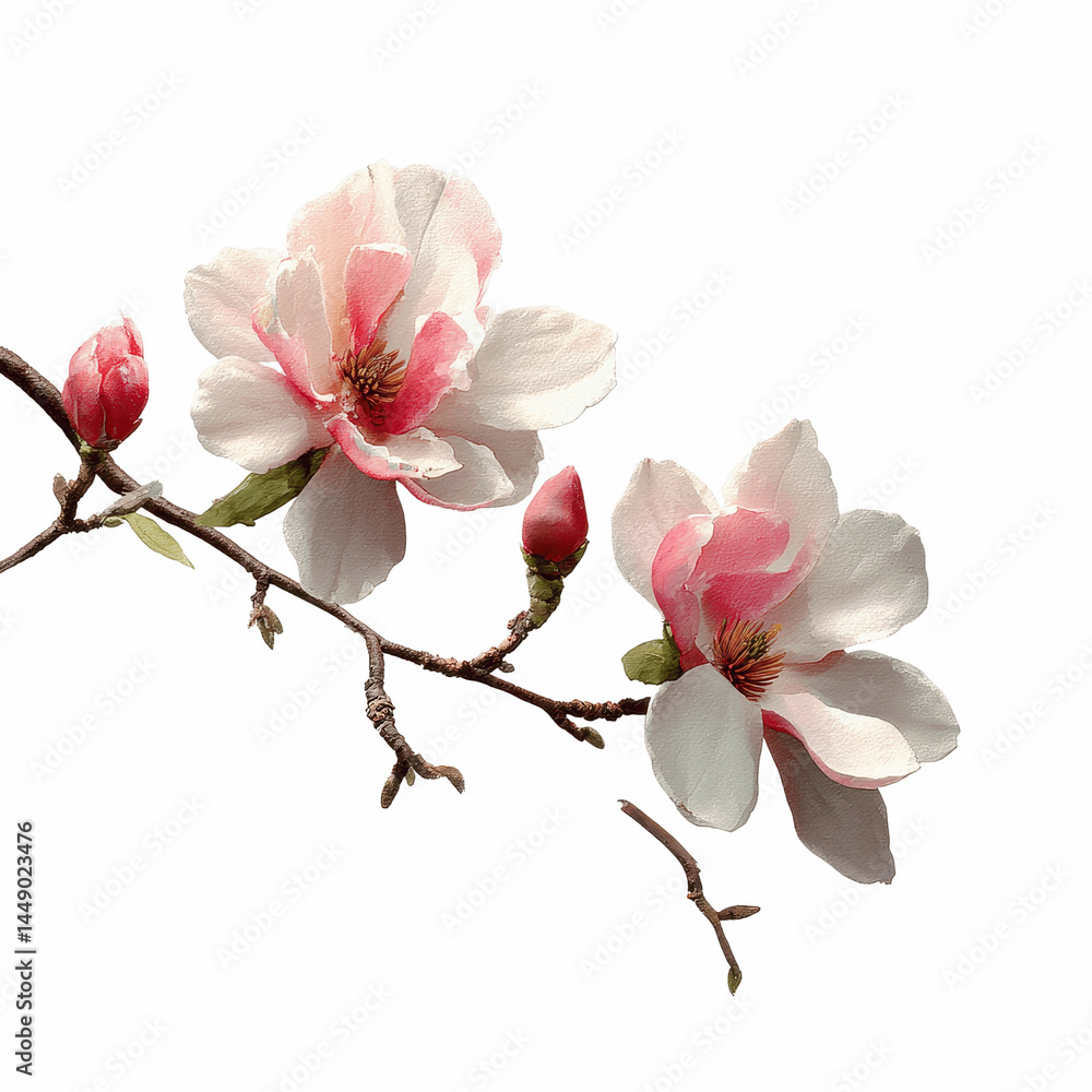 Obraz premium Delicate Magnolia Blossoms on a Branch Against a Blue Transparent background
