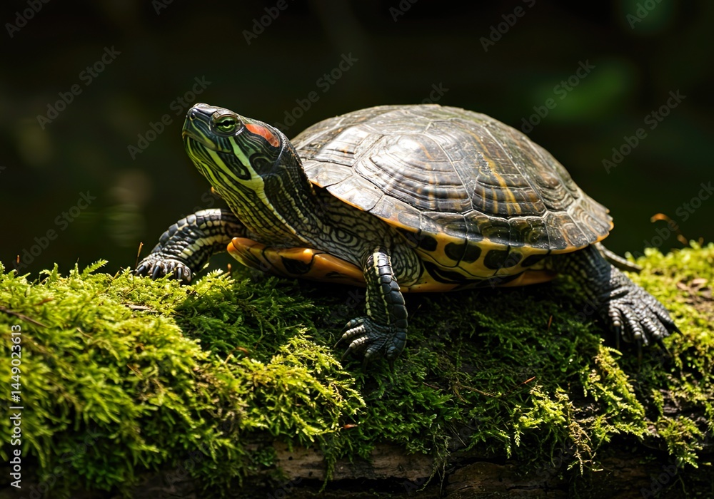 Fototapeta premium Red Eared Slider Turtle basking on mossy log