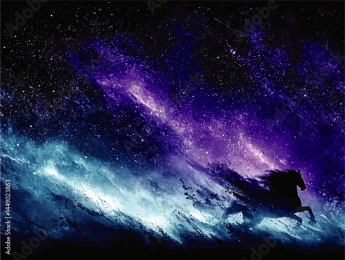 Majestic Silhouette of Galloping Horse in Vibrant Cosmic Galaxy, Blue and Purple Night Sky Fantasy Art Background