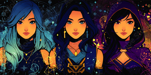 Trio of Mystical Women in Vibrant Fantasy Portrait, Celestial Stars, Magic Outfits, Colorful Digital Art