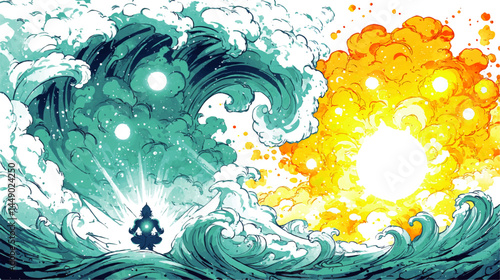 Vibrant Zen Meditation Art – Enlightened Figure Balancing Ocean Waves and Fiery Sun, Abstract Energy Contrast Illustration